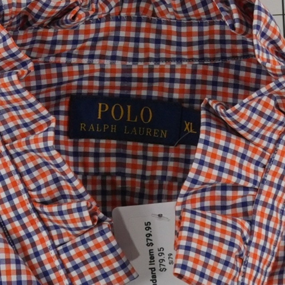 Polo Ralph Lauren Shirt Top Womens Size XL Orange Navy Ruffle Collar Upcycled - Picture 5 of 9